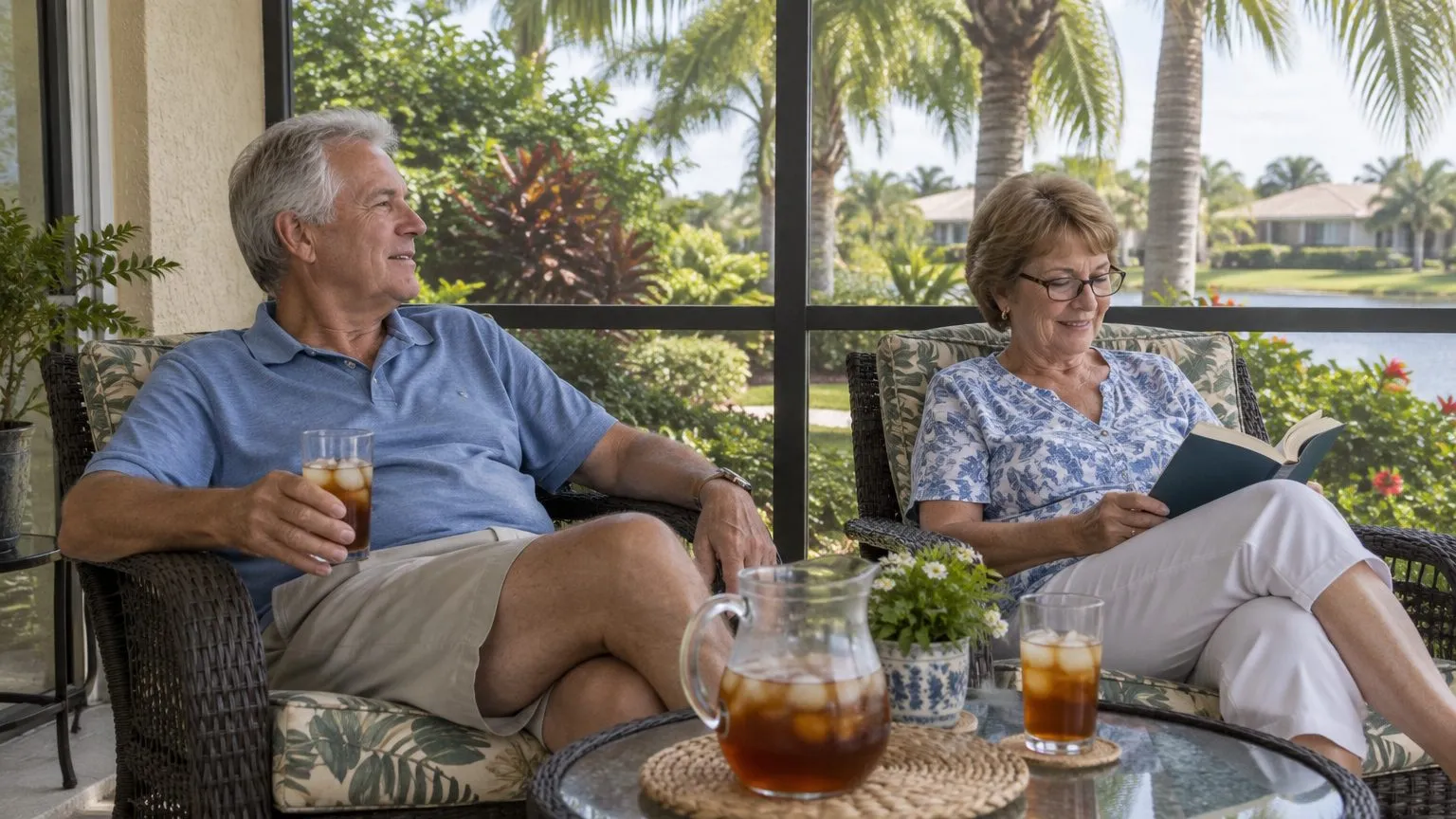 Couple relaxing with iced tea on a screened porch overlooking a Florida backyard