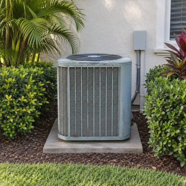 Well-maintained outdoor air-conditioning unit beside a Florida home with clear space around the equipment.