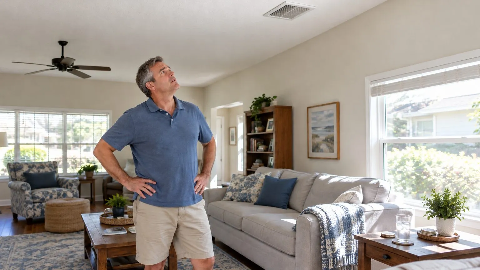 Homeowner with hands on hips looking up at a ceiling vent in a sunny living room