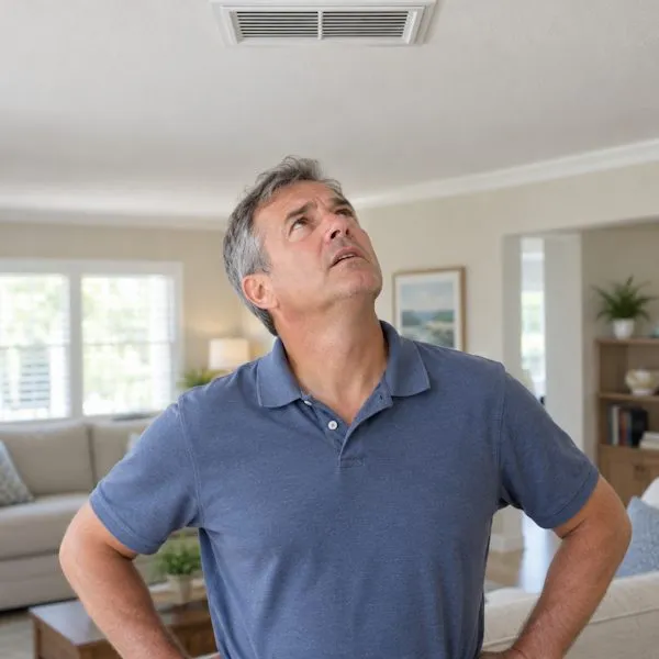 Puzzled homeowner with hands on hips looking up at a ceiling vent