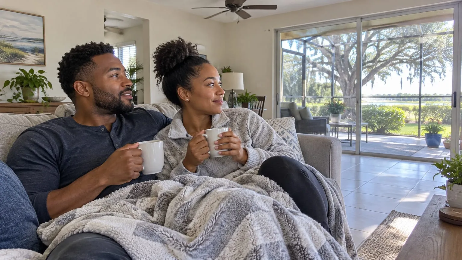 Couple under a blanket on the sofa holding coffee mugs on a cool morning, with a screened lanai and live oak outside