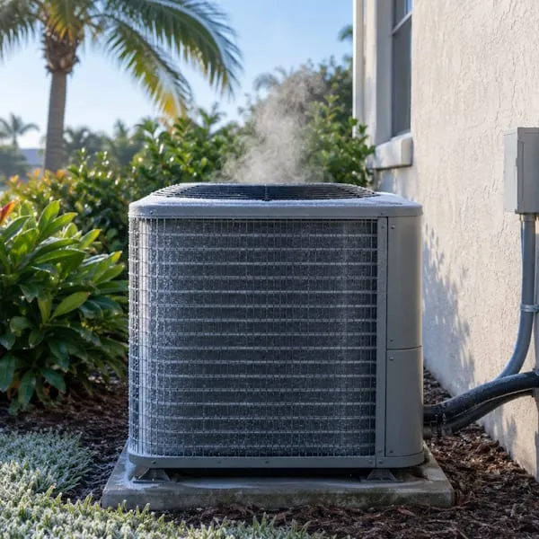 Light frost on an outdoor heat pump unit beside a Florida home on a cold, sunny morning