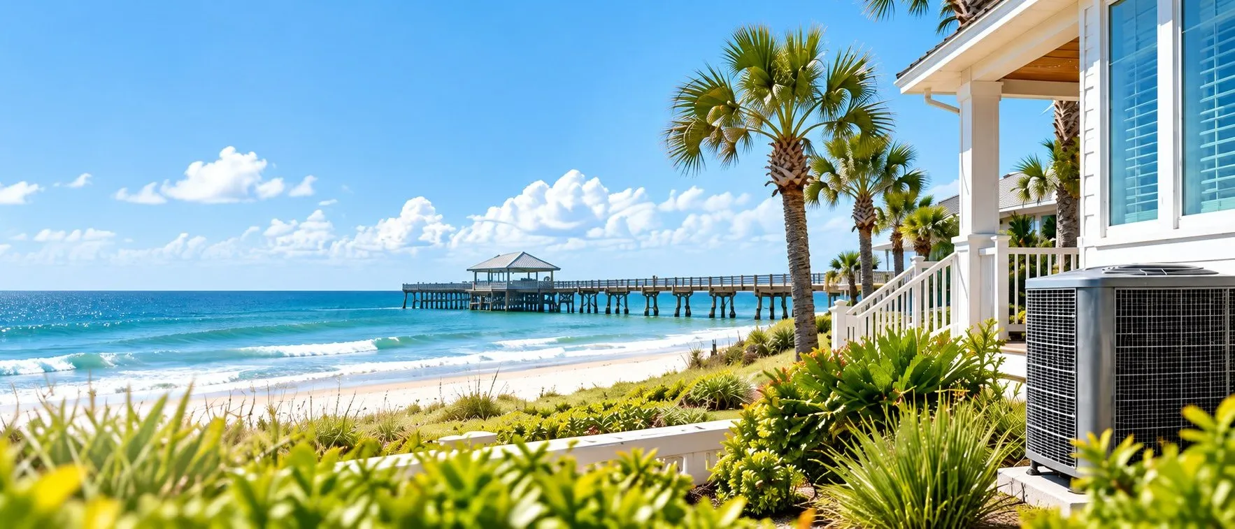 Coastal home with an outdoor air conditioning unit, palm trees and a fishing pier on the beach behind