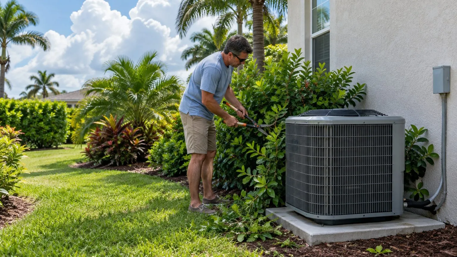 Homeowner trimming shrubs back from an outdoor AC unit beside a Florida home