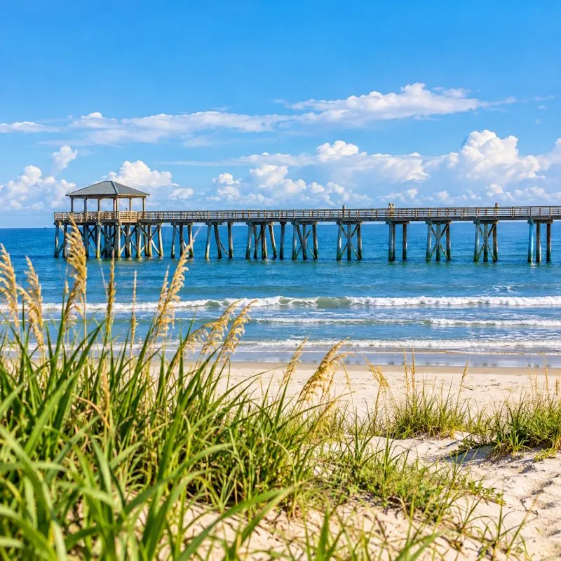 Fishing pier and sea oats on a sunny Florida beach
