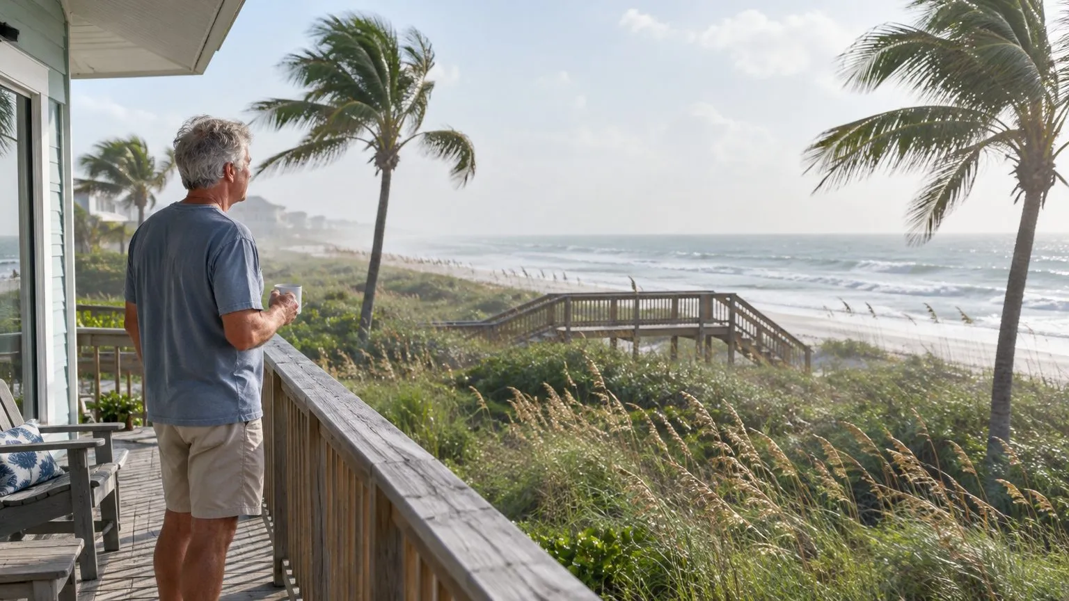 Man holding a coffee mug on a beachfront deck overlooking dunes, sea oats and the ocean on a windy day