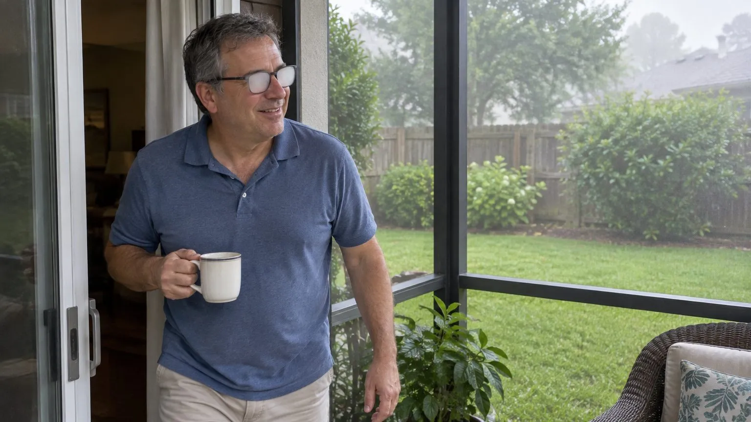 Man with fogged-up glasses stepping out onto a screened porch on a misty, humid day