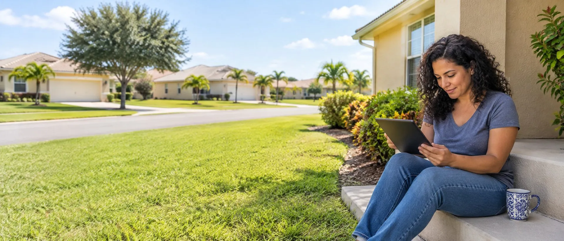 Smiling woman sitting on her front steps with a tablet and a coffee mug, with palm trees and homes along a sunny Florida street behind her