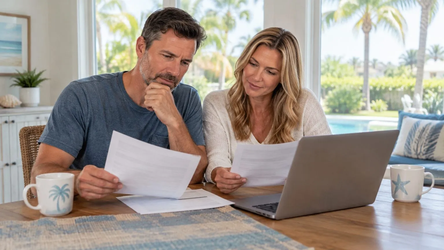 Couple reviewing paperwork and a laptop at a kitchen table in a bright Florida home