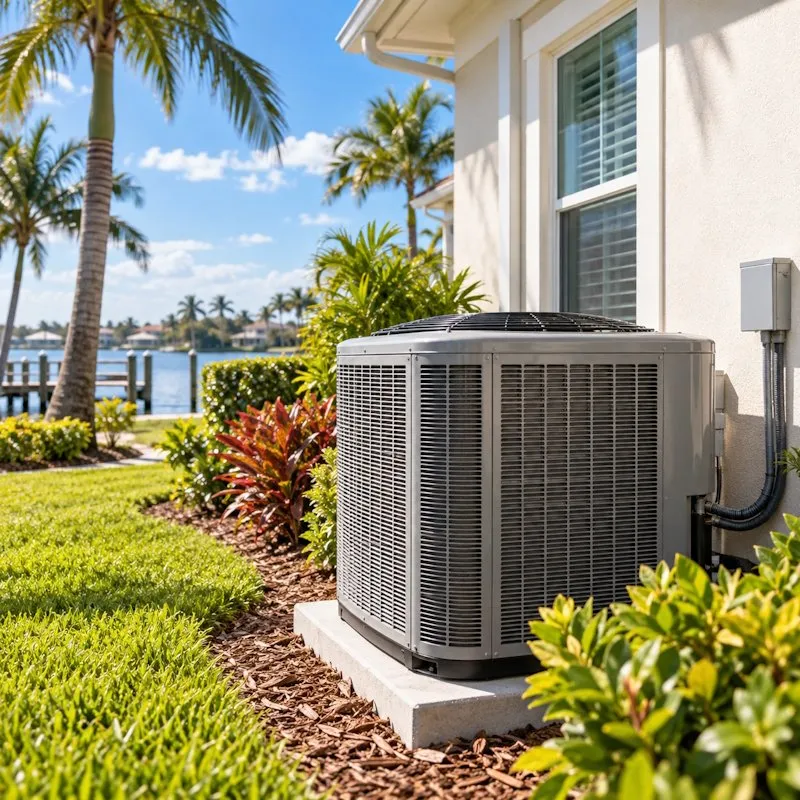 Residential outdoor heat pump beside a Florida home with green landscaping and clear airflow around the unit.