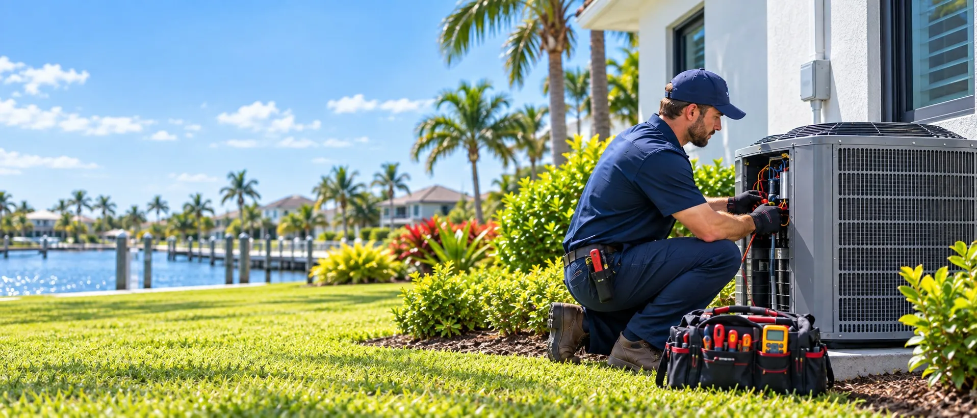 HVAC technician servicing an outdoor air conditioner beside a Florida home