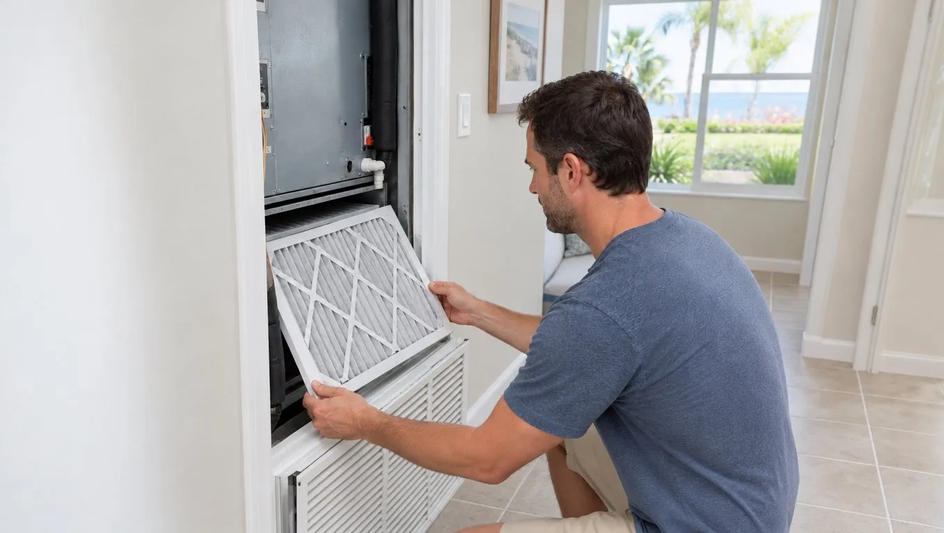 Homeowner sliding a pleated air filter into a wall return vent in a bright Florida home