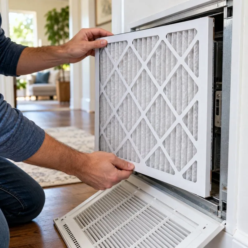Hands lifting a pleated air filter out of a wall return vent