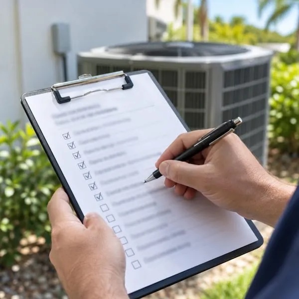 Technician checking off a service checklist on a clipboard in front of an outdoor AC unit
