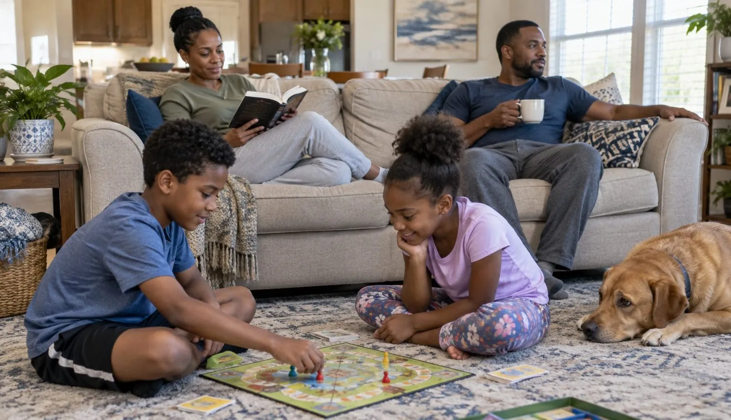 Parents relaxing on a sofa while two children play a board game on the rug beside a dog