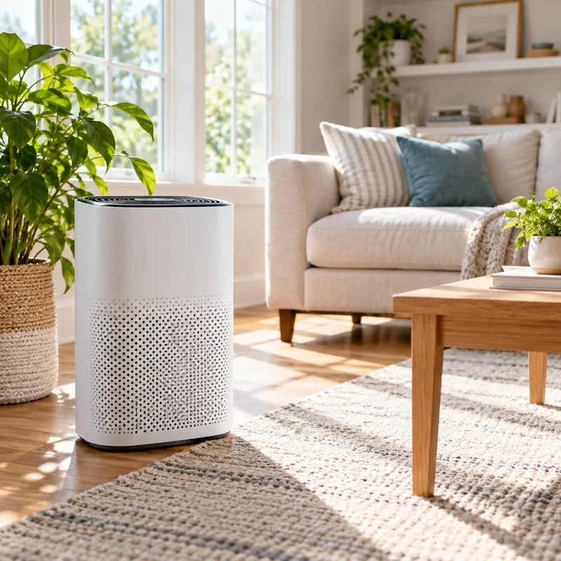 Air purifier in a bright living room with houseplants