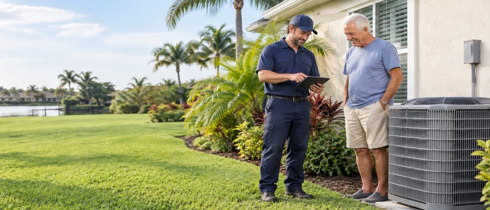 Technician in a navy uniform showing a smiling older homeowner something on a tablet beside an outdoor AC unit, with palm trees and a lake behind the house