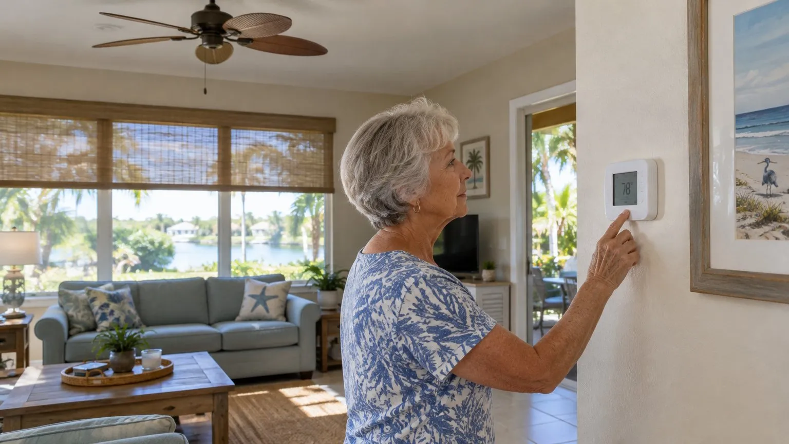 Sunlit Flagler County home with shaded windows, a ceiling fan, and a homeowner reviewing a thermostat.