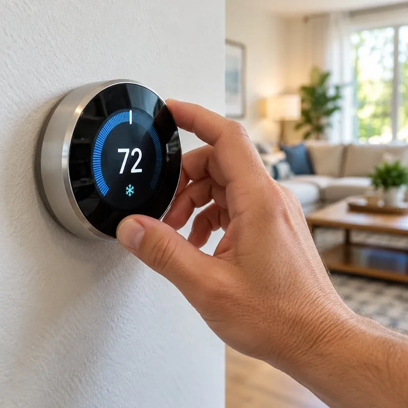 Hand adjusting a smart thermostat set to 72 degrees