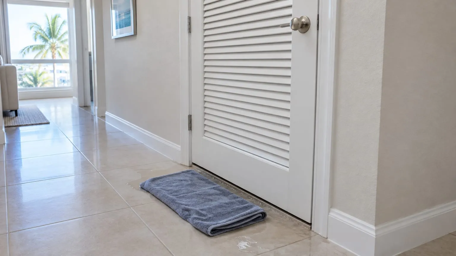 Water pooling on a tile hallway floor under a louvered air handler closet door, with a towel laid down to catch it