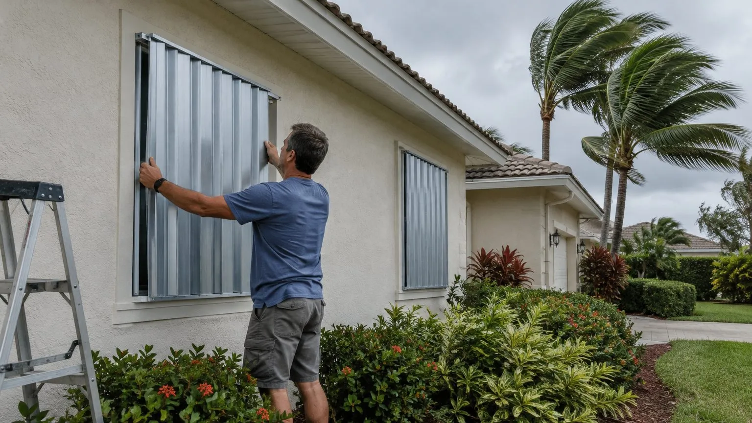 Homeowner fitting metal storm shutters over a window as palm trees bend in the wind