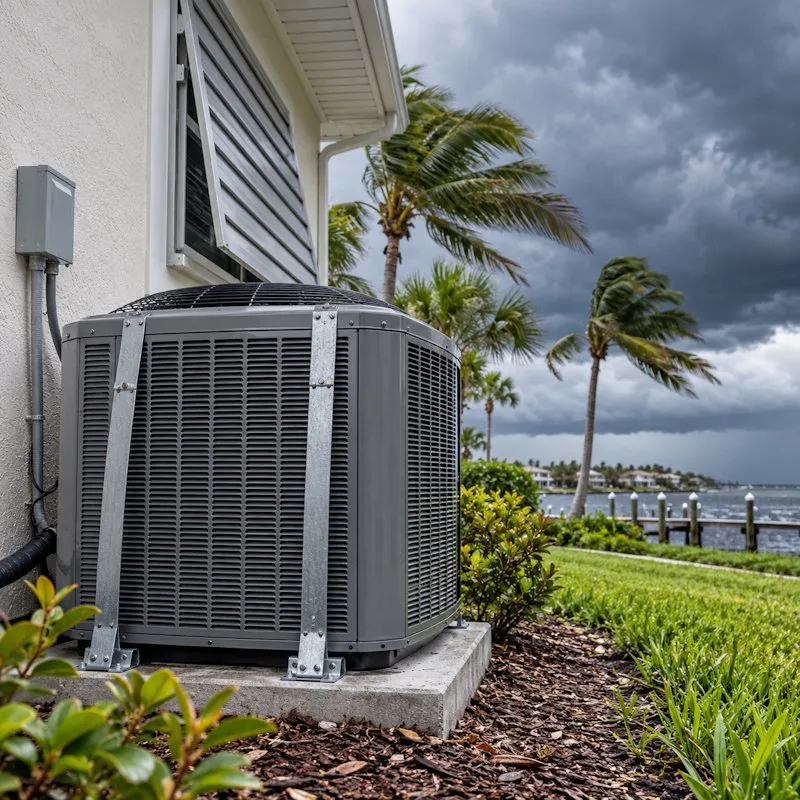Outdoor AC unit strapped to its pad as storm clouds roll in