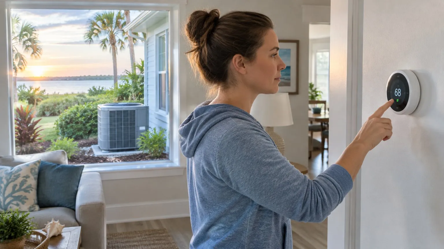 Homeowner adjusting a wall thermostat, with the outdoor HVAC unit and a waterfront view through the window