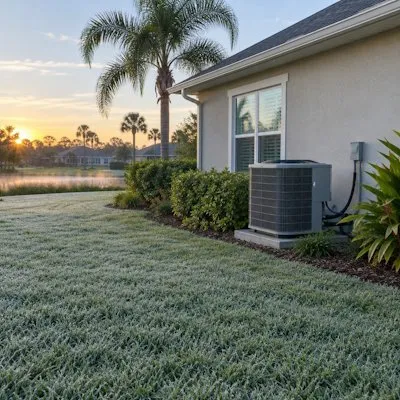 Frost on a lawn beside an outdoor HVAC unit at a Florida home at sunrise, with palm trees