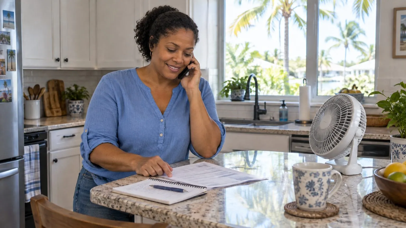 Homeowner on the phone reviewing paperwork at a kitchen counter, with a small fan running nearby