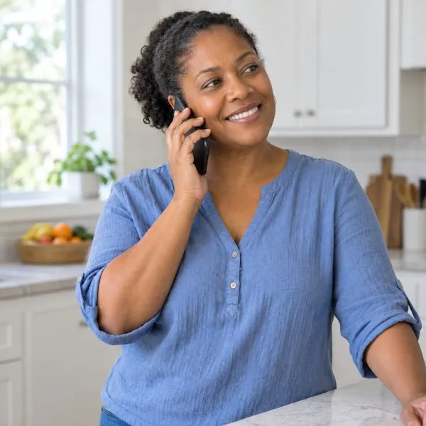 Smiling homeowner talking on the phone in a bright kitchen